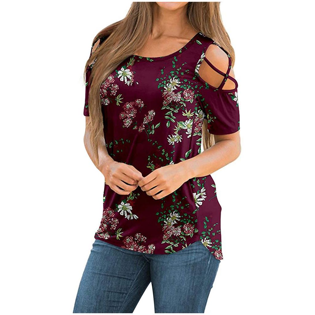 Women's Summer Printing Short Sleeve Strappy Cold Shoulder T-Shirt Tops Blouses