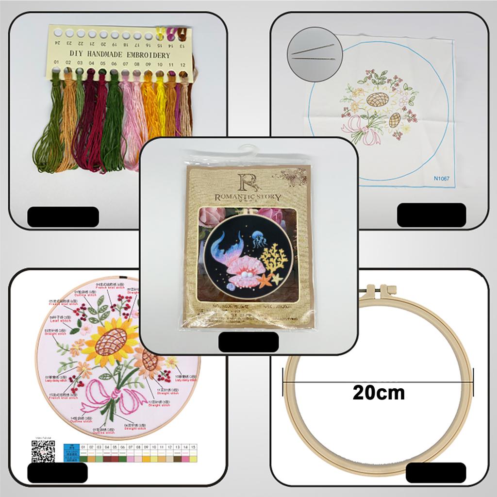 Ocean Scenery DIY Stamped Embroidery Stitches Practice Kit 30x30cm with 20cm Embroidery Hoop for Beginners Craft Lovers Gift