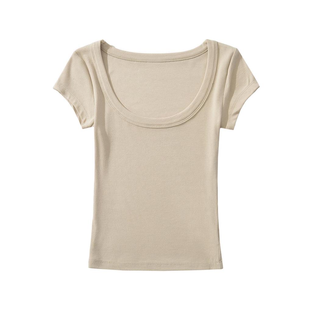 Damski letni dopasowany elastyczny top z krótkim rękawem, okrągłym dekoltem i wycięciem 2024