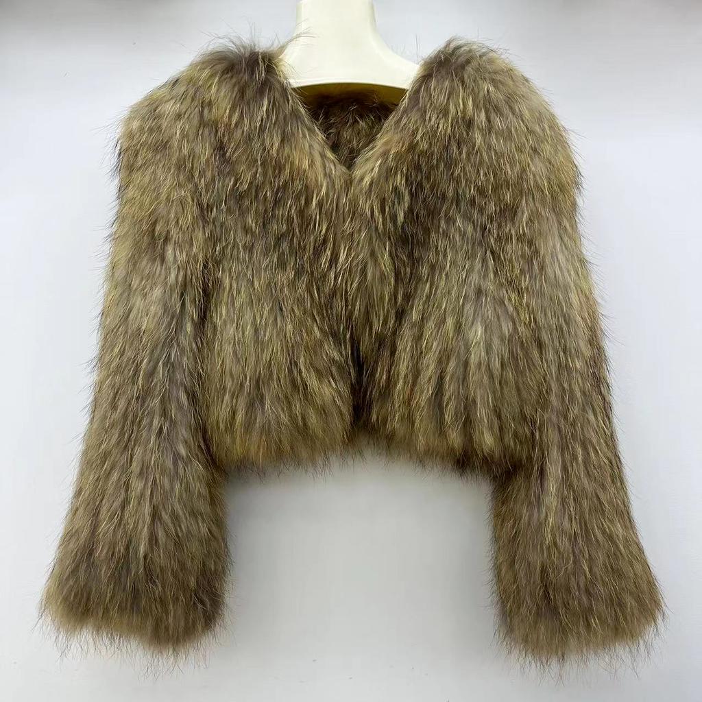 Real Raccoon Fur Braided Jacket Short Length 40cm Double-sided Encryption Slim Young Winter Tops Women's Coat