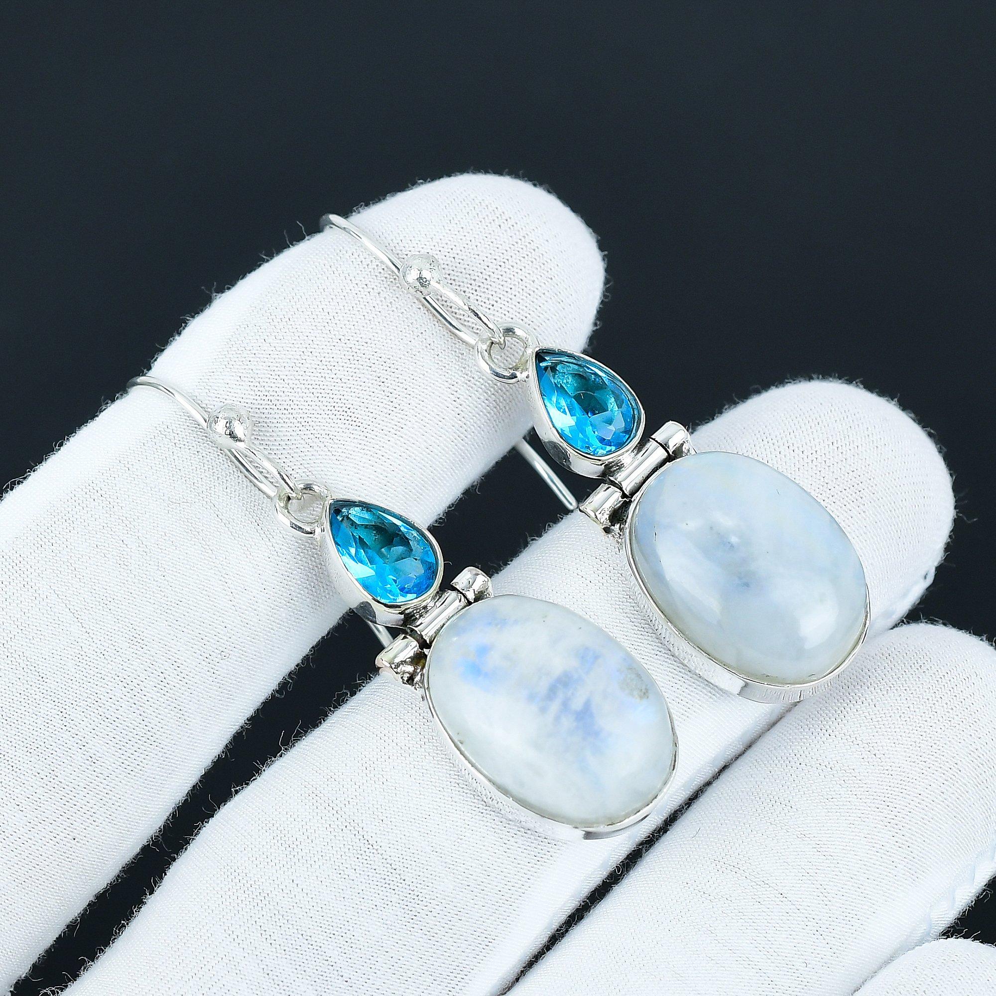 

Rainbow Moonstone & Blue Topaz Earrings, 925 Sterling Silver Earrings Antique Style Earrings, Dangle Drop Earrings For Birthday Gift 5.5 Cm белый