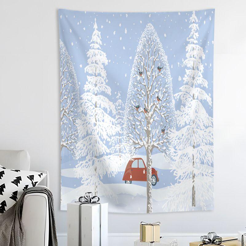 White Gold Floral Christmas Tree Wall Tapestry Merry Text Bird Leaf Ornament Elegant Minimalist Holiday Aesthetic Home