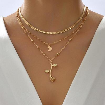 Europäischer & Amerikanischer Stil Gold Rose 3-lagige Mond Pailletten Choker Halskette