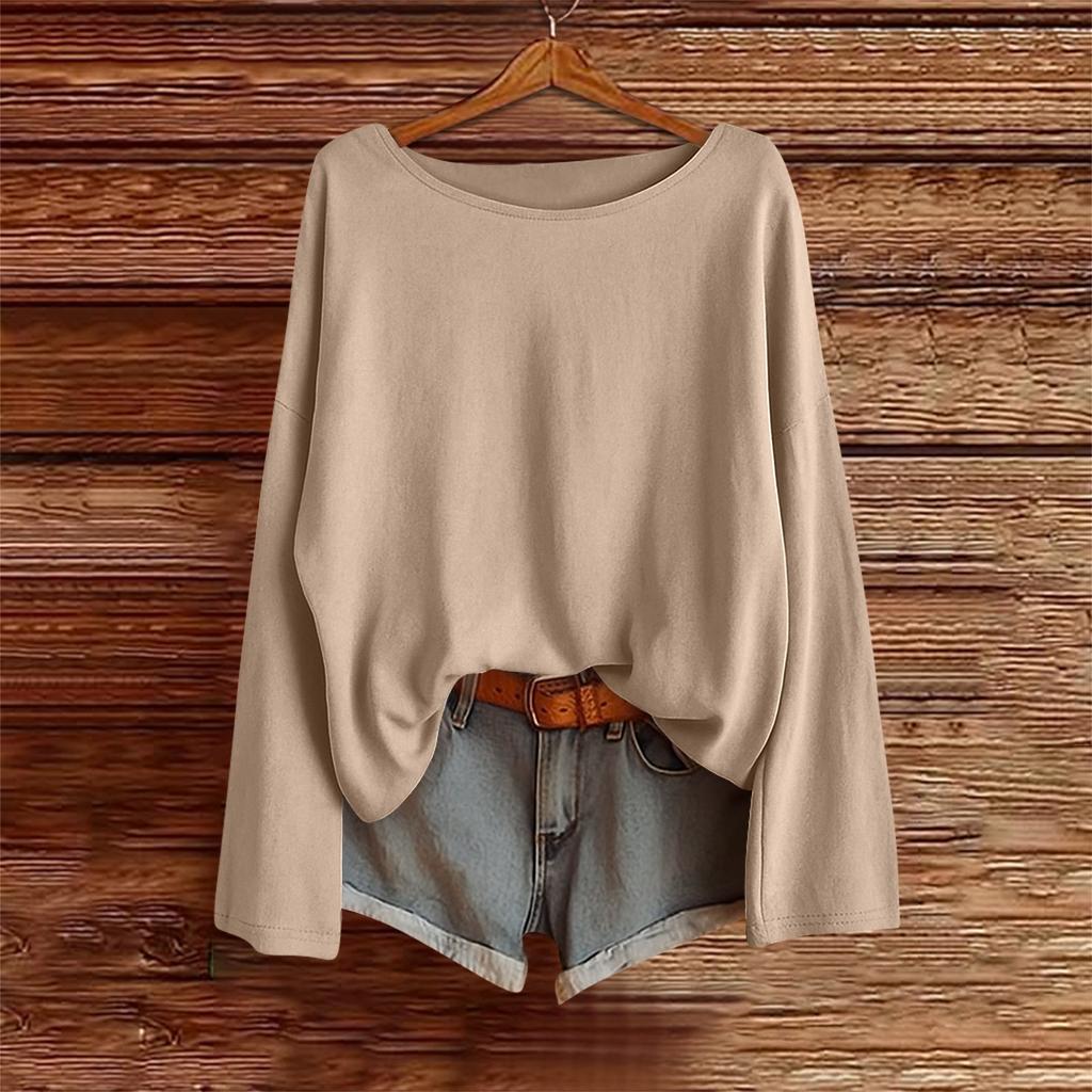 Langarmshirts für Damen Einfarbige T-Shirts Blusen Lässig Übergröße Basic Oberteile Pullover