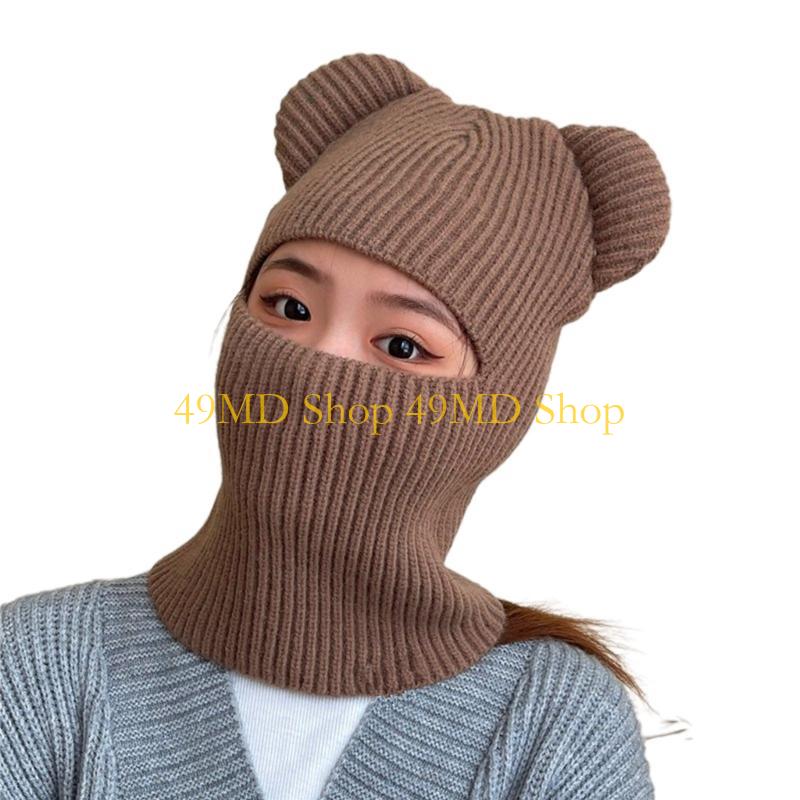 49MD Knitted Hat for Teenagers Adult Windproof Eye Exposed Hat Cartoon Bear Ear Keep Warm Windproof Balaclava Hat