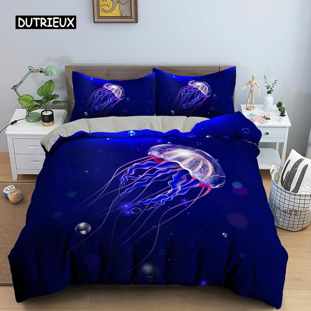 Jellyfish Duvet Cover Set Queen Size Ocean Animal Print Bedding Set Microfiber The Underwater World Quilt Cover For Boys Girls