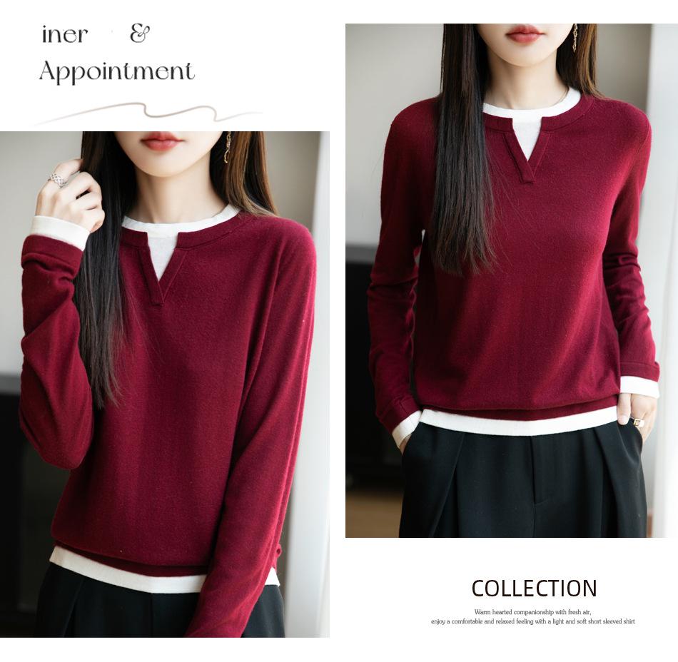 Women's 2025 Autumn/Winter Round Neck Two-Piece Look Wool Knit Long Sleeve Versatile Pullover Sweater Top