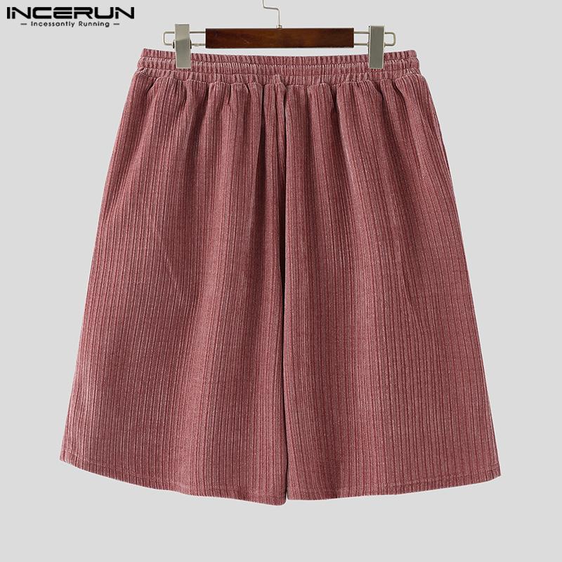 INCERUN Men Elastic Waist Corduroy Casual Shorts Half Pants