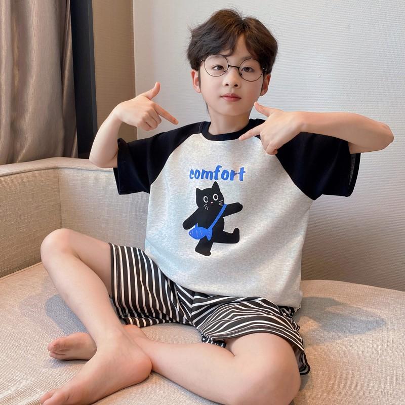Boys Cotton Pajama Set Short Sleeve Cartoon Print Lightweight Sleepwear Kids Teens