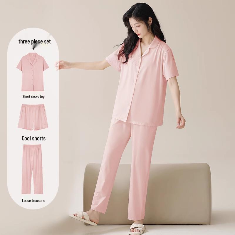 Women's Tencel Cotton Pajama Set: Summer Lyocell Short Sleeve, Long Pants, 3-Piece for Home or Outdoor Wear