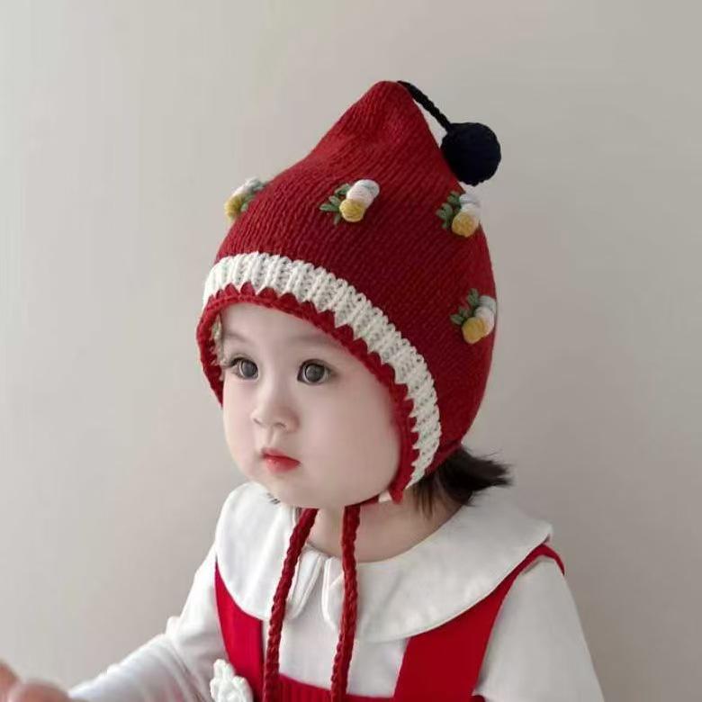 Koreańska Ręcznie Robiona Czapka Beanie z Wiązaniem Wiśniowa: Ciepła dzianinowa czapka wełniana z ochroną uszu dla małych dziewczynek