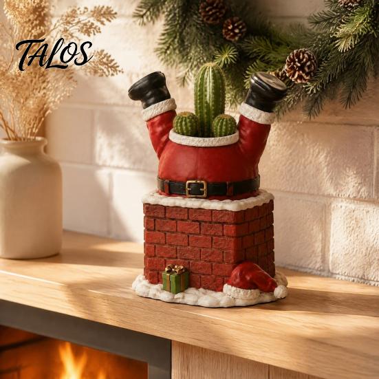 Christmas Themed Yard Ornament Santa Claus in Smokestack Flower Pot Ornament, Resin Decorative Plant Creative Gardening Accessory Container, Small for