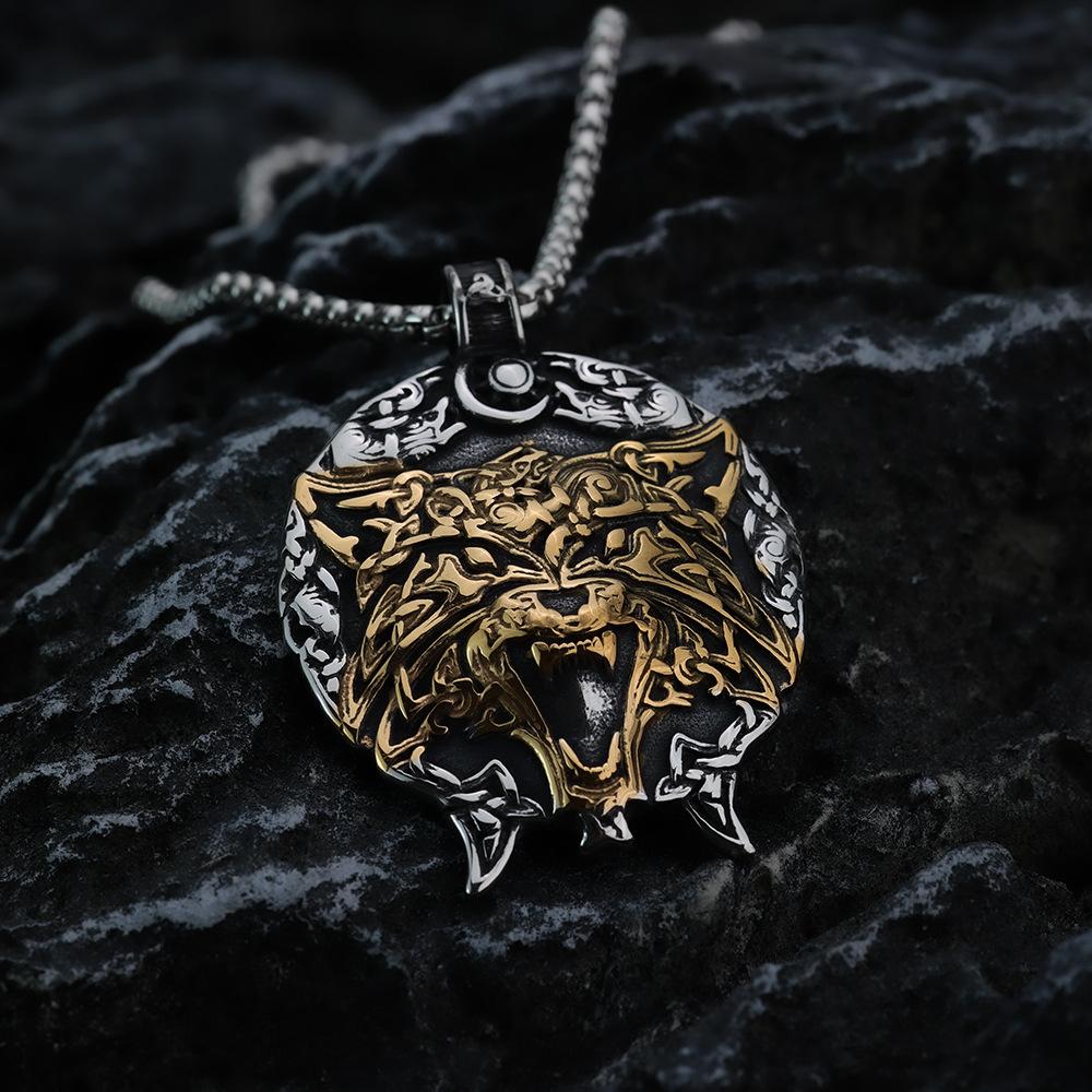 Vintage Stainless Steel Men's Viking Wolf Head Pendant Necklace