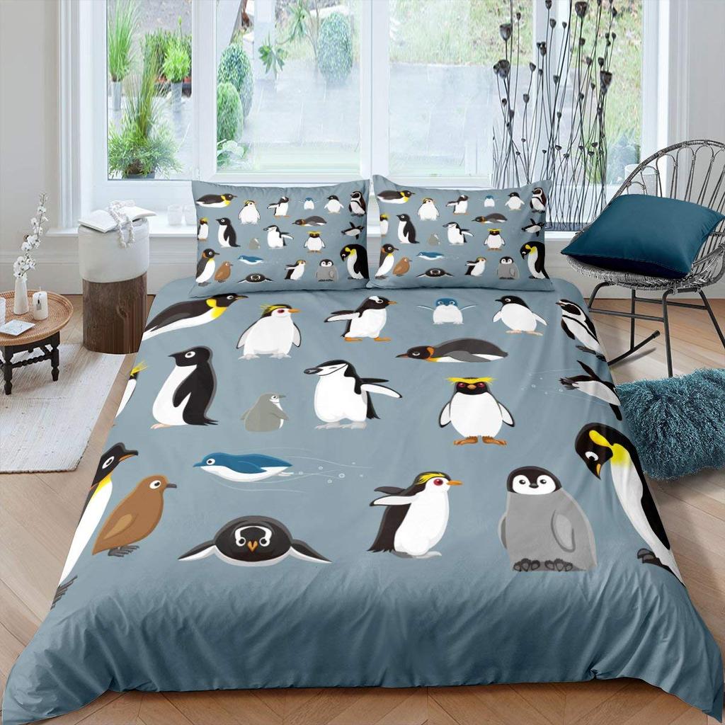 Penguin Comforter Cover Kawaii Animal Print Black White Little Penguin Duvet Cover Blue Iceberg Antarctica Winter Bedding Set