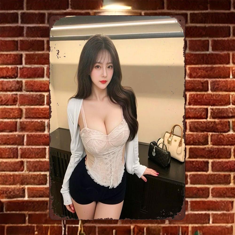 

HD Tin Sign Vintage Asian Girl in Lace Corset Cardigan Metal Wall Art Retro Decor for Home Bar Cafe 20x30cm（7.8x11.8inch）