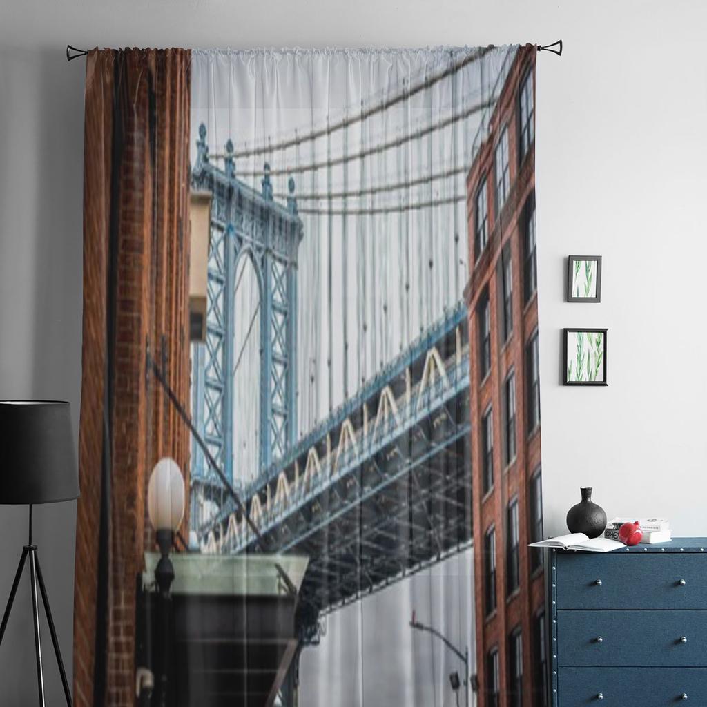 New York Cityscape Of Manhattan Downtown And Dumbo Bridge Brooklyn River Sheer Curtains for Bedroom Window Voiles Tulle Curtain