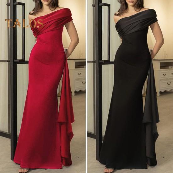 Dámské večerní šaty Šikmý výstřih od ramene Skládaný bez rukávů Šněrovací vlečka Dekor Nepravidelný design Slim Fit Plesové maxi šaty Letní šaty