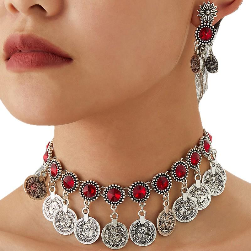 Modieuze Retro Midden-Oosterse Stijl Sprankelende Diamant Munt Vrouwen Sieraden Set - Ketting & Oorbellen