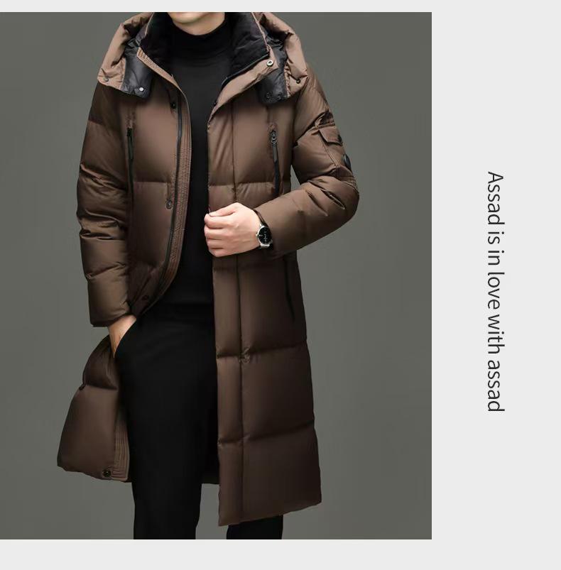 Brand 2025 Men's Winter Hooded Over-the-Knee Long Down Jacket with Fleece Lining