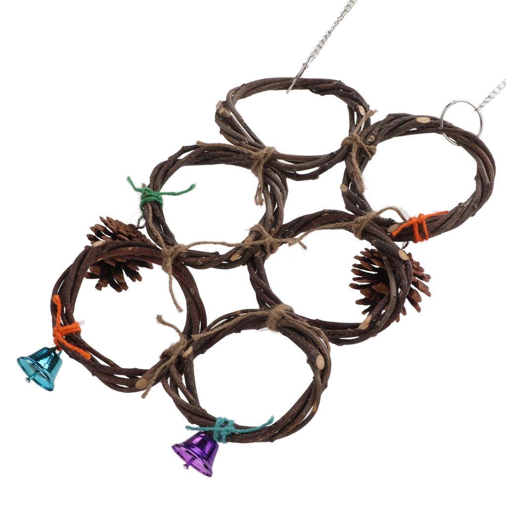 Bird Hanging Swings Toy Wooden Parrot Swing Circle Ring Toy Climbing Net with Bells6 Rings