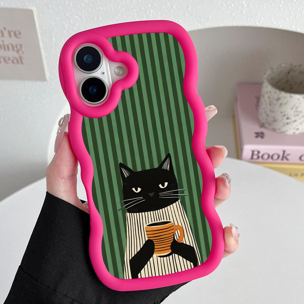 Cute Coffee Cat Wavy Edge TPU Mobile Phone Case for iPhone 17 16 15 14 13 12 11 Air Pro Max Plus Colorful Cover
