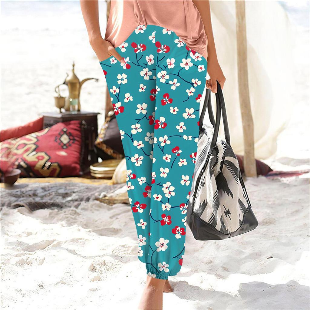 Damskie letnie spodnie z elastycznym pasem i luźnymi spodniami z szerokimi nogawkami