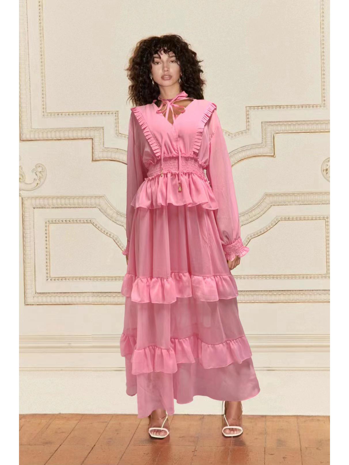 

Жіноча довга сукня з шифону з воланами, багатошарова, осінь 2023 Medium рожевий