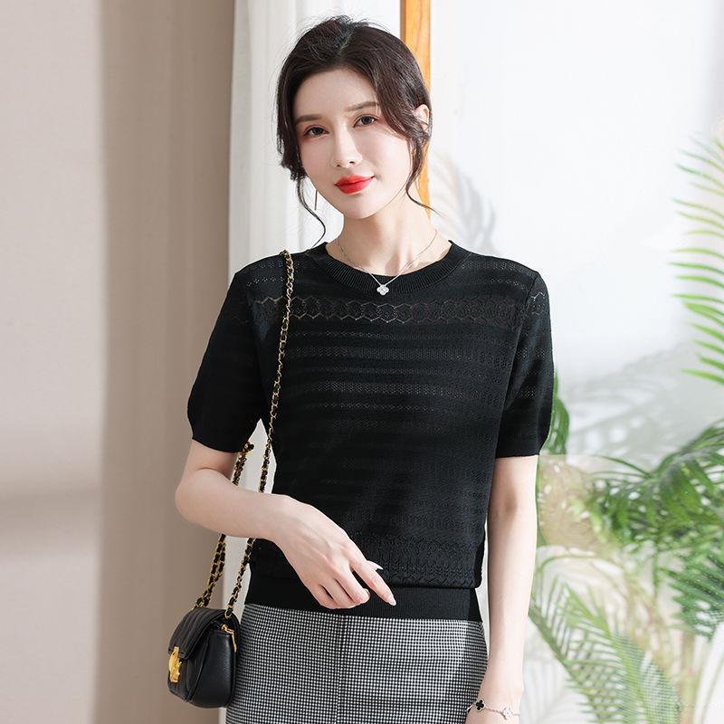 

Women s Thin Hollow Ice Silk Knitted Short Sleeved T-shirt Summer Short Top Stylish Small Shirt 2XL чорний