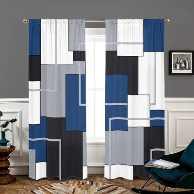 2 kusy, černé, bílé, šedé, modré geometrické závěsy - 30% zatemnění - vhodné do obývacího pokoje, ložnice, bytové dekorace