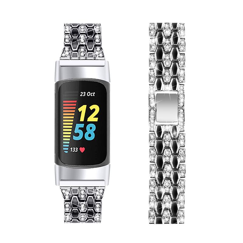 

Women 3 Rows Rhinestone Metal Watch Band Slim Replacement Strap for Fitbit Charge 6/5 Silver/Black