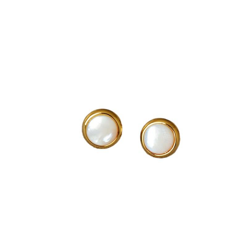 French Minimalist Gold-Plated Mother-of-Pearl Stud Earrings with 925 Silver Needle