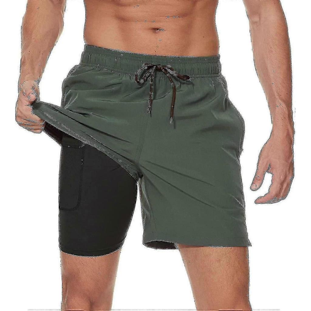 Herren Badehose mit Kompressions-Innenhose 2 in 1 Schnelltrocknende Herren Badeshorts mit Boxer-Innenslip Surfen Dehnbar Strandshorts mit Reißverschlusstaschen_gg