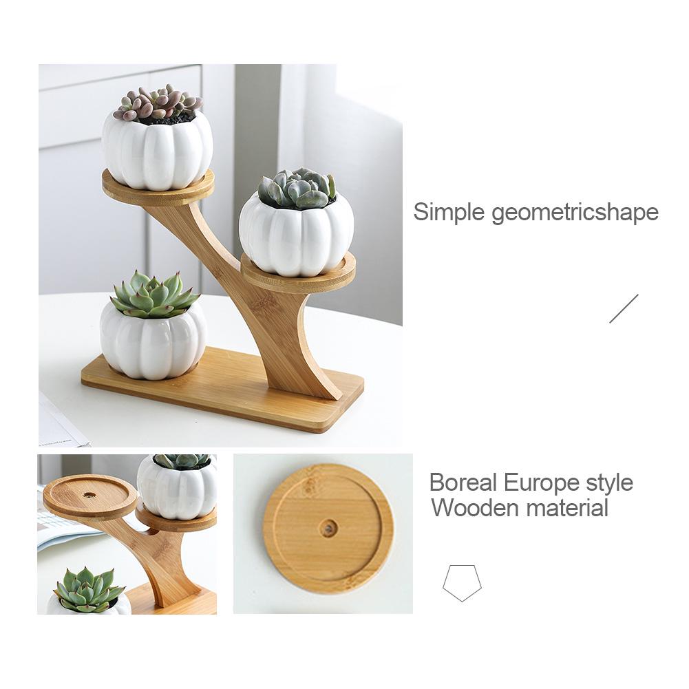 Modern Ceramic Plant Pot Bamboo Saucers Stand Holder for Home Office Decoration