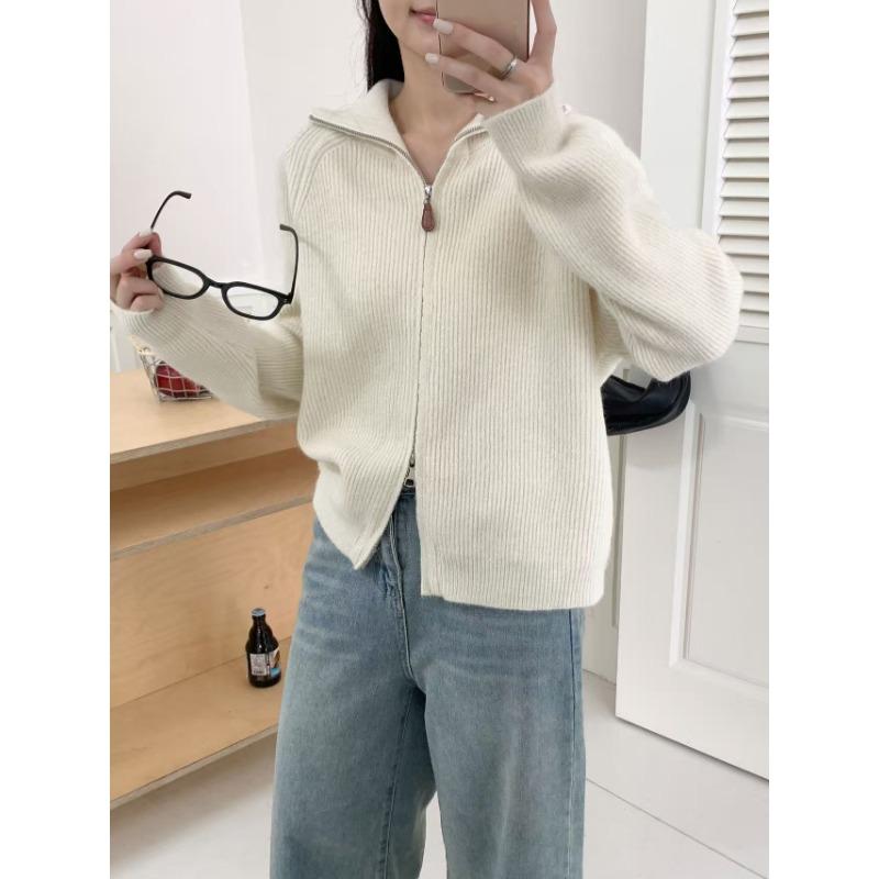 

Премиальный вязаный кардиган с лацканами однотонный для женщин осенне-зимний новый повседневный на двойной молнии свитер-жакет для женщин One size