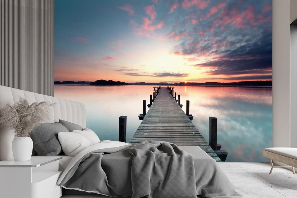 Wallpaper Bridge footbridge lake sunset