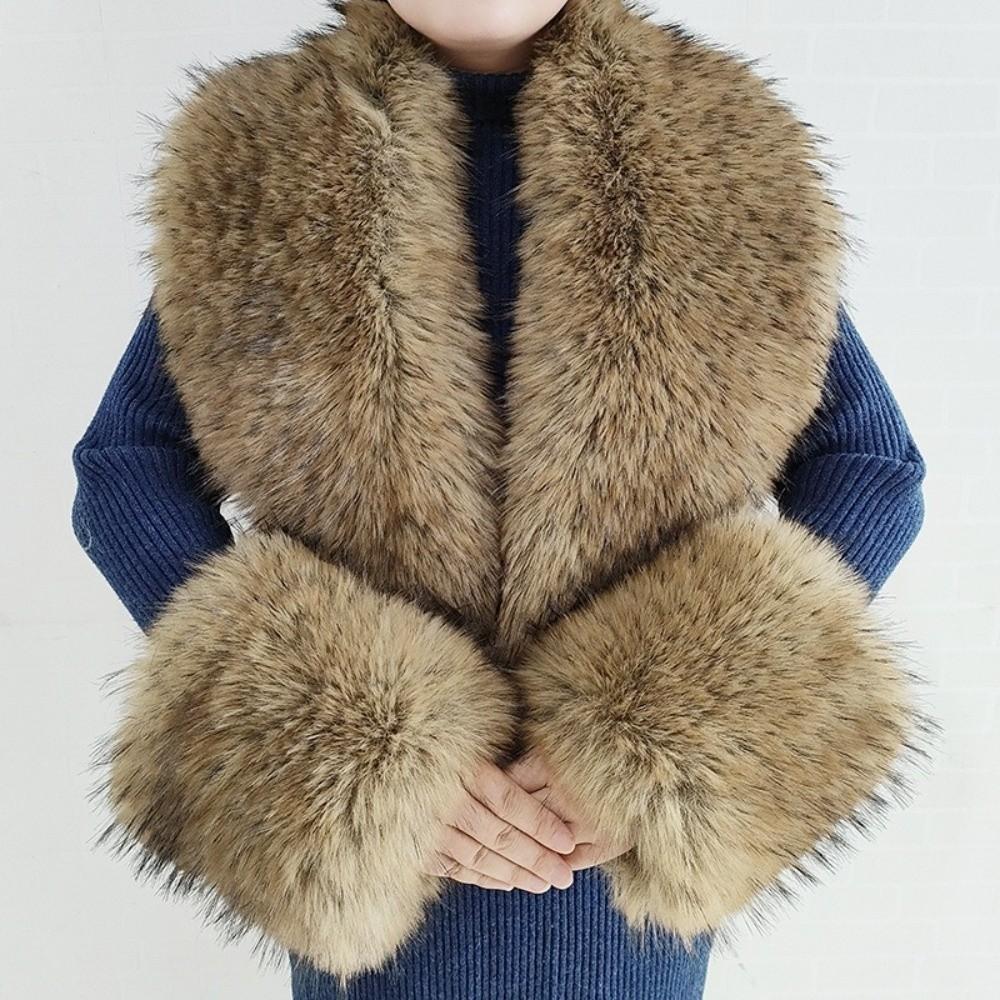 Oversized Fur Cuff Set V Shape Fur Trim Accessories Fluffy Shawl Collar Wrap Overcoat Matching
