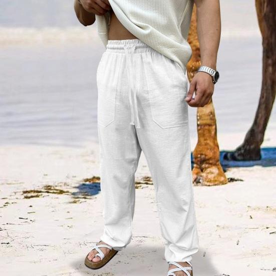 Men Pants Drawstring Elastic Waist Straight Leg Loose Solid Color Pockets Sweat Absorption Daily Wear Casual
