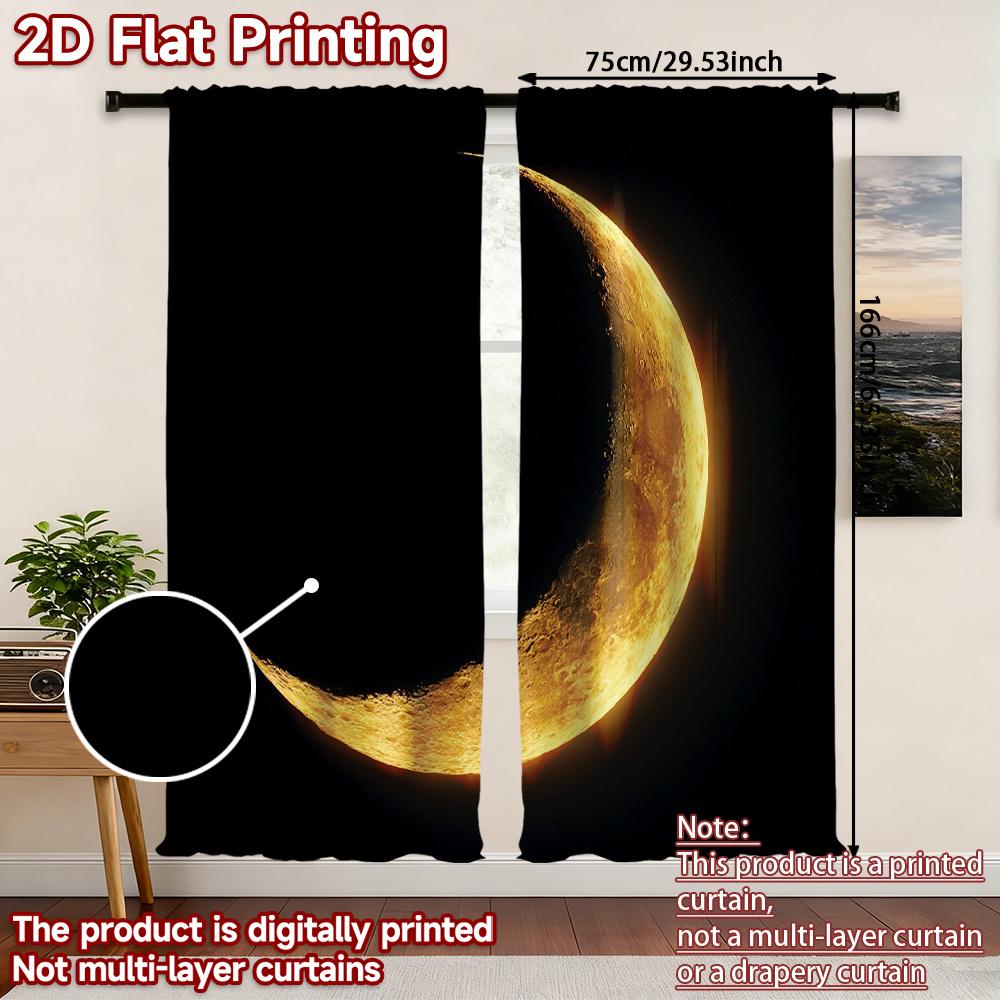 Minimalist Black Golden Moon Curtain Panels, Night Crescent Lunar Full Print Drapes For Bedroom Office Dark Style Home Decor