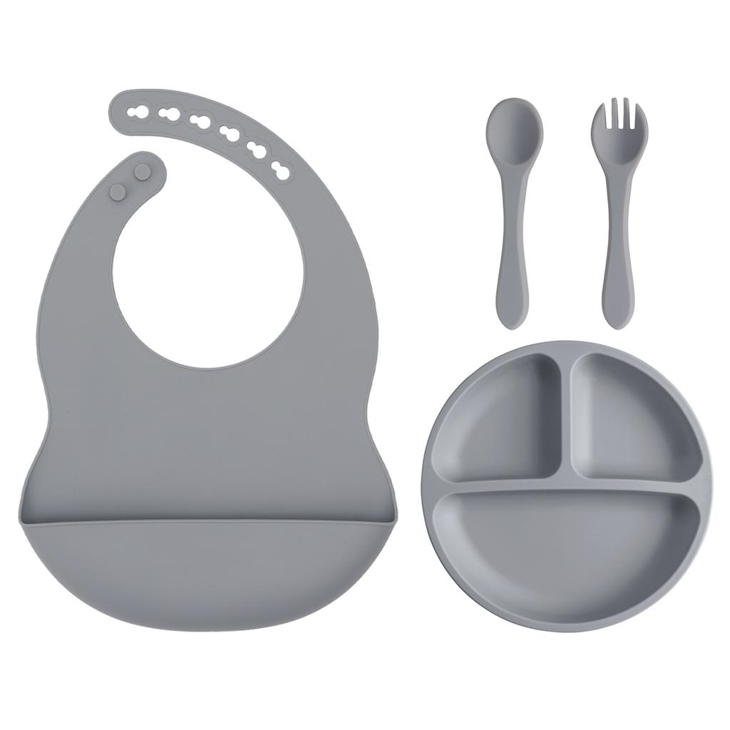 Color Kids 4PCS Baby Silicone Feeding Set Suction Plate BPA Free Waterproof Bib Portable Spoon Fork Toddler Training Tableware