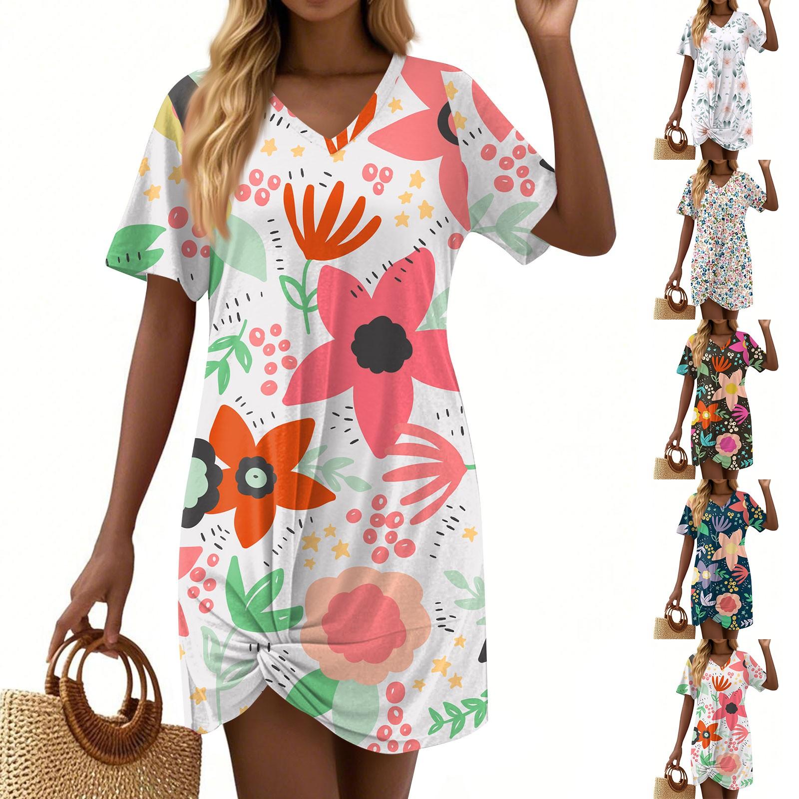 

Women s Summer Casual Floral Printed Hem Knotted Short Sleeve Dresses XXL