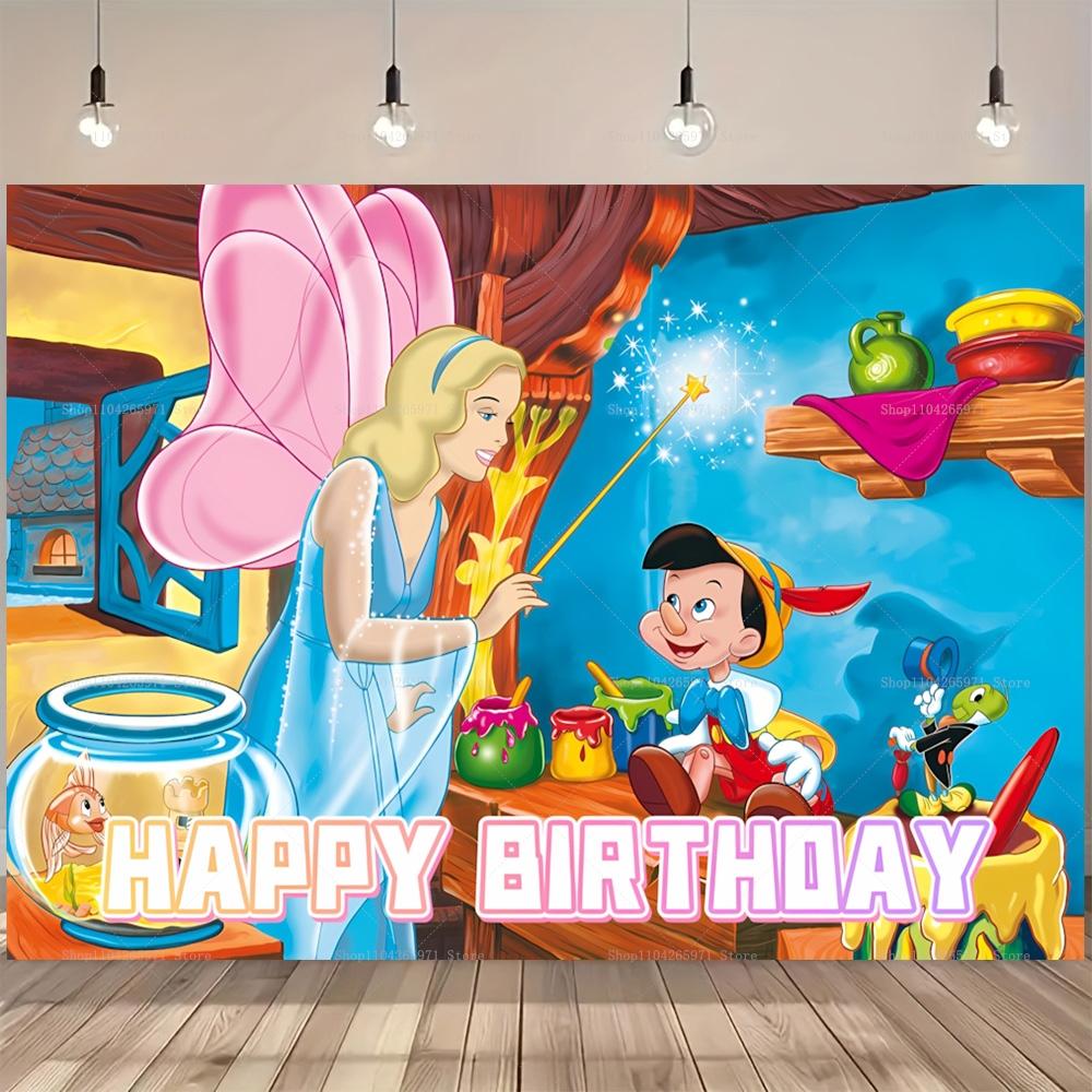 Kids Birthday Party Backdrop Disney Pinocchio Classic Wooden Puppet Baby Shower Banner Studio Photography Background Supplies