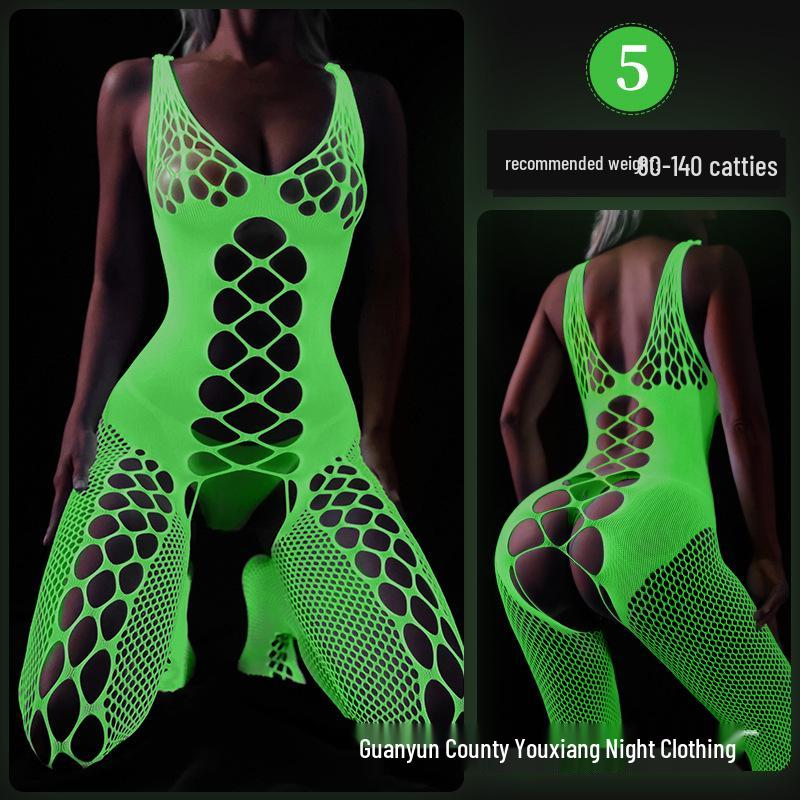 Linlinting Plus Size Glow-in-the-Dark Fishnet Bodystocking with Luminous Bandeau and Socks