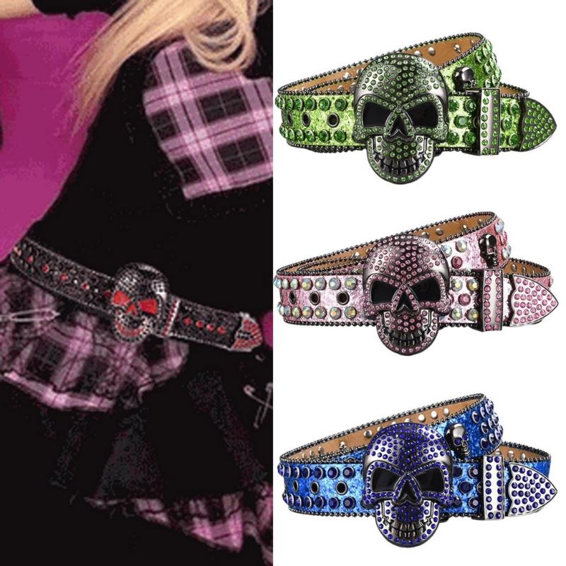 Women Rhinestones Belt for Jeans Skull Rivets Studded Waist Belt Blingbling Belt for Pants Cowboy Belt Waiststrap