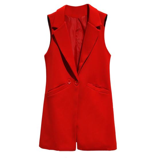 Women Long Suit Coat Sleeveless Mid Length Single Button Sleeveless Thin Pocket Cardigan Lapel Formal OL Commute Style Lady Jacket