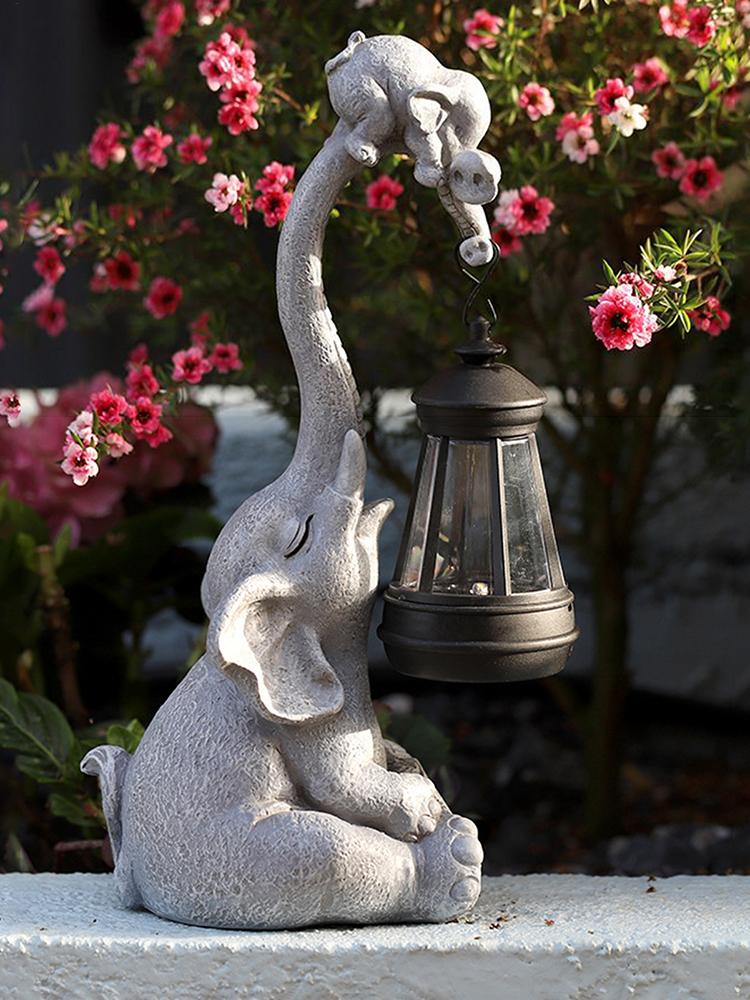 Solar Powered Elephant Statue Solar Animal Figurines with LED Light Cute Resin Ornaments Elephant Statue Sculptures Decoration
