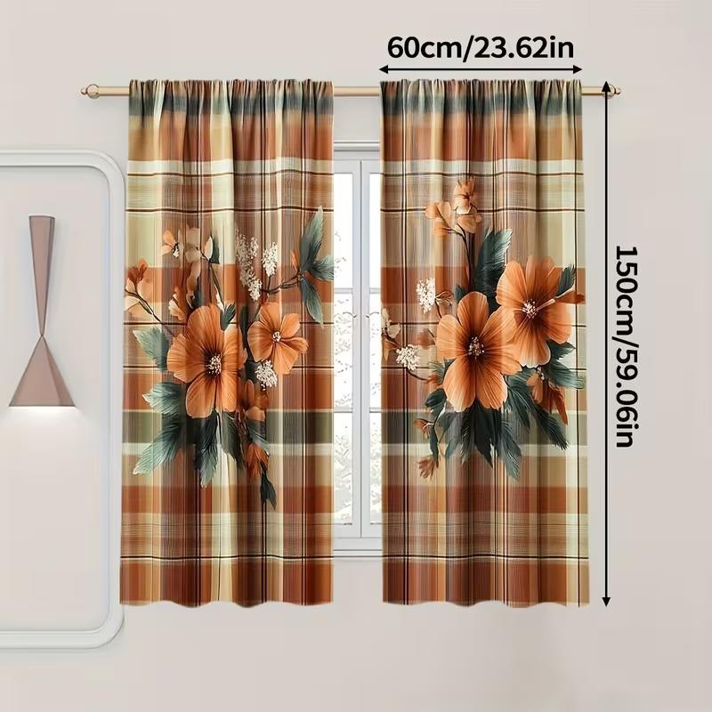 2Pcs Retro checkered flower print curtains,suitable for bedroom,living room kitchen decoration,home decoration,window decoration