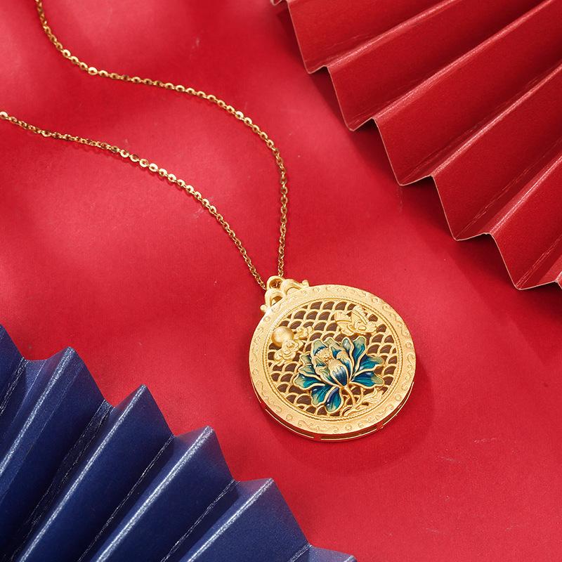 Blue Enamel Painted Lotus Necklace Women's Trendy Light Luxury Clavicle Chain Hetian Jade Circle Pendant