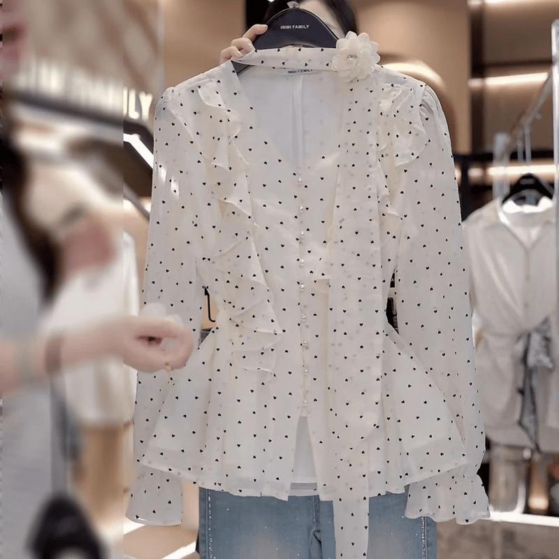 La Chapelle French Style Polka Dot Tie-Neck Blouse