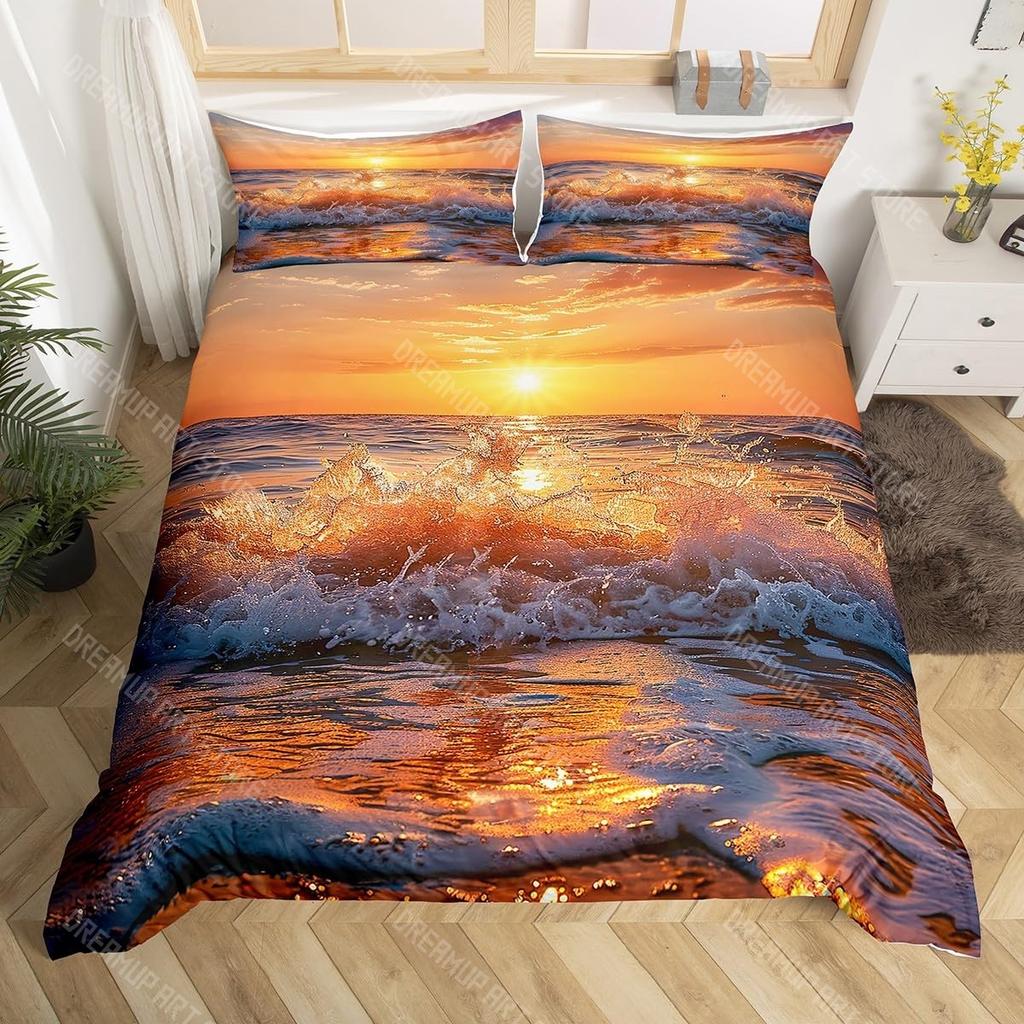 Bettwäsche-Set mit Strandthema King Queen Größe Ozeanwelle Sonnenuntergang Bettbezug Küsten-Nautik-Bettdeckenbezug Meereslandschaft Bettdeckenbezug