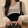 Top da donna con protezione solare, traforato, sottile, protezione solare, trasparente, anti-UV, con vita scoperta, a maniche lunghe, estivo, autunnale, girocollo, corto, lavorato a maglia, corto